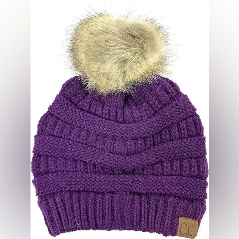 C.C. Beanie with pouf | Purple Beanie Winter | One Size